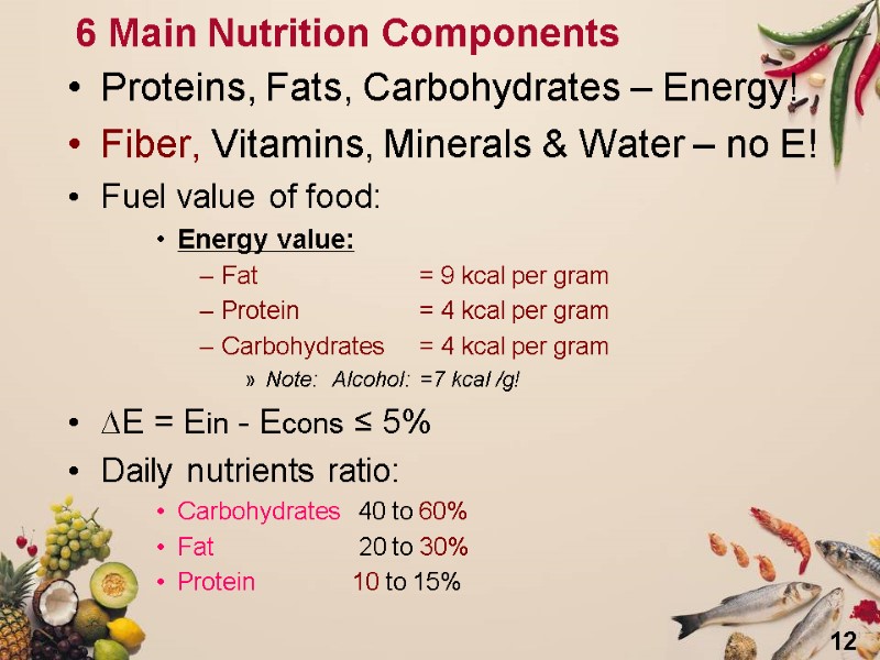 12 6 Main Nutrition Components Proteins, Fats, Carbohydrates – Energy! Fiber, Vitamins, Minerals &